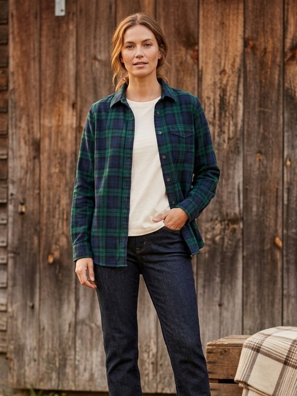 L.L. Bean Green/Navy Plaid Top